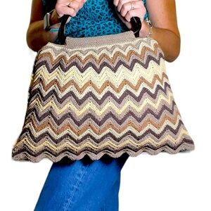 Nine West Vintage Crochet Knit Beach Chevron Wooden Top Handle Hobo Bag